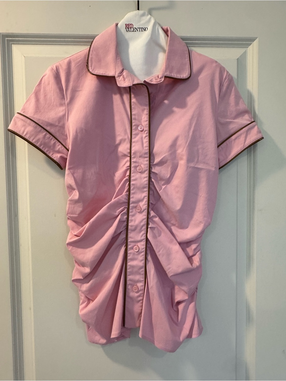 RED Valentino Pink Ruched Short-Sleeve Button Front Top